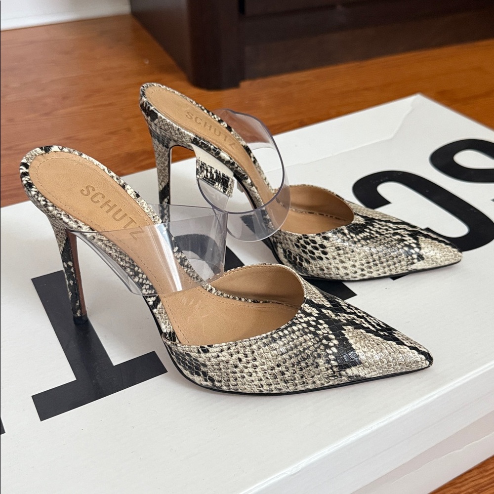 SCHUTZ Black and White Snakeskin Heels